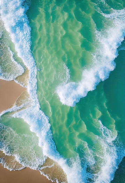 Beach and waves from above Aerial view of a blue ocean Top view of the drone