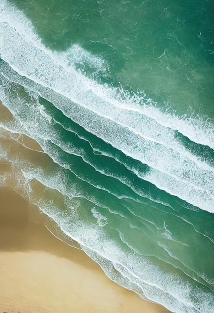 Beach and waves from above Aerial view of a blue ocean Top view of the drone