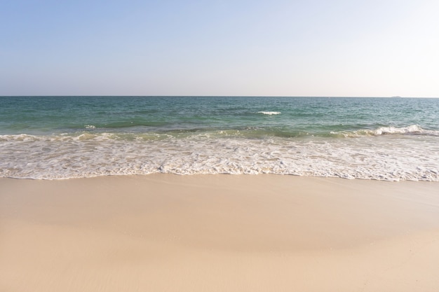 Beach and waves tropical sea with blue sky on sunny day background. copy space