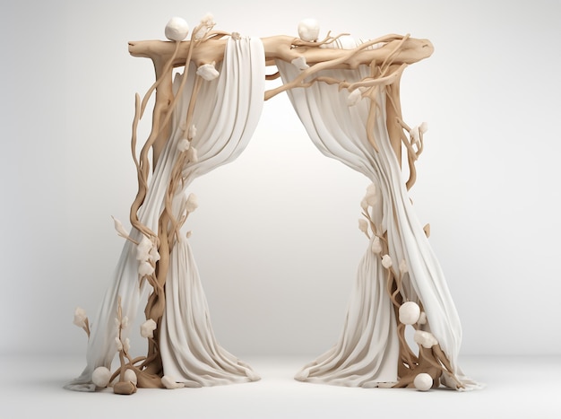 Beach wedding arch for ceremony Bare tree roots white fabric shells and stones AI generated