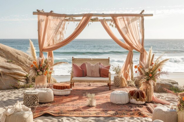 Photo a beach wedding setup featuring a stylish couch and chairs for a bohemian celebration by the sea a beachside celebration with a bohemian vibe and flowing fabrics