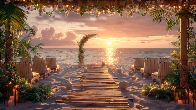 beach wedding stage at sunset