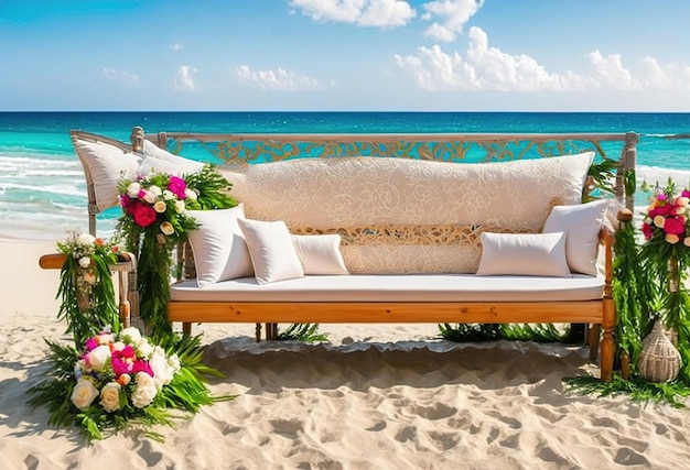 A beach wedding with a bench and flowers