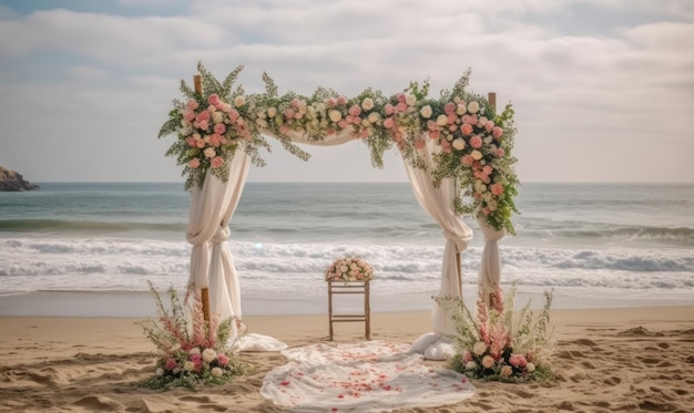 A beach wedding with a chair and flowers