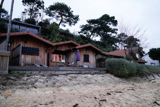 Beach winter wooden fisherman wood house cabins on bassin Arcachon France