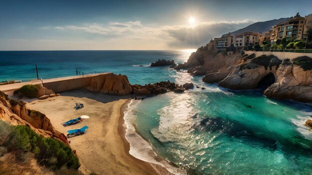 Photo a beach with a beach and a beach with boats on it