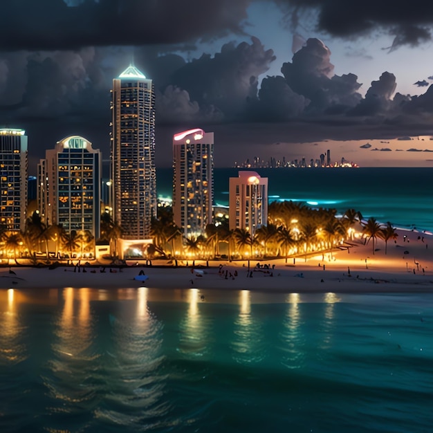 Photo a beach with a beach and a city in the background