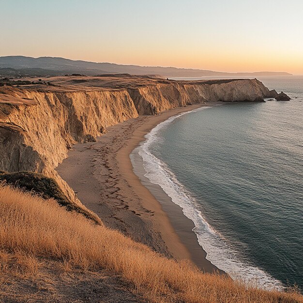 Photo a beach with a beach and a cliff with a beach in the background