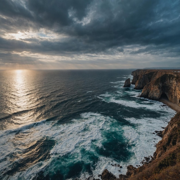 a beach with a beach and cliffs with the sun shining on the water