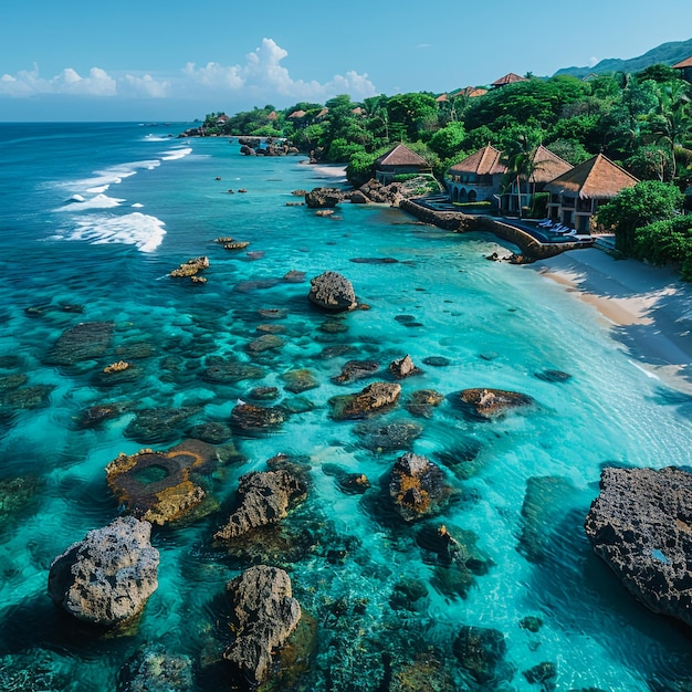 Photo a beach with a beach and houses on the shore