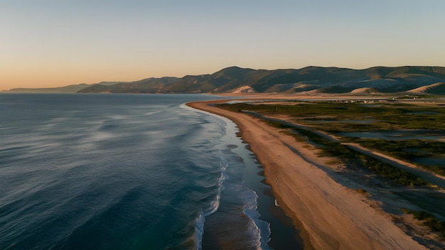 Photo a beach with a beach and mountains in the background