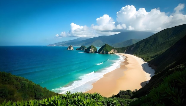 a beach with a beach and mountains in the background