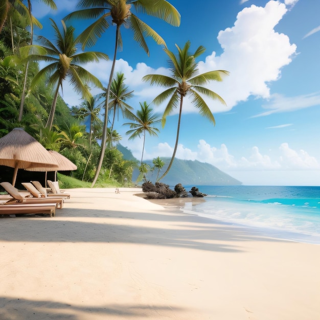 A beach with a beach and palm trees on it