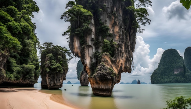 a beach with a beach and some big rocks in the water