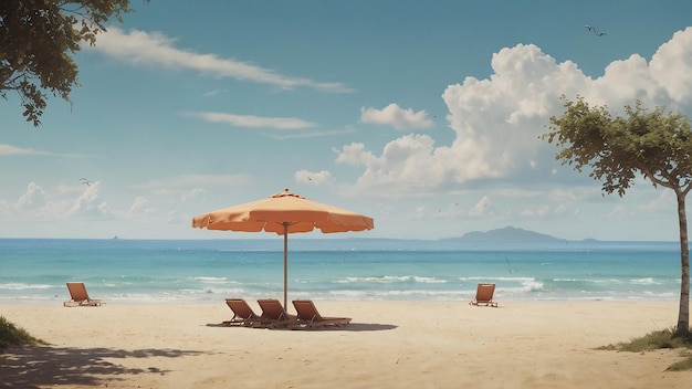 a beach with a beach umbrella and chairs on it