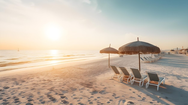 A beach with a beach umbrella and chairs on it