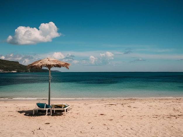 a beach with a beach umbrella and a mountain in the background