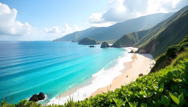 a beach with a beach and a view of the ocean