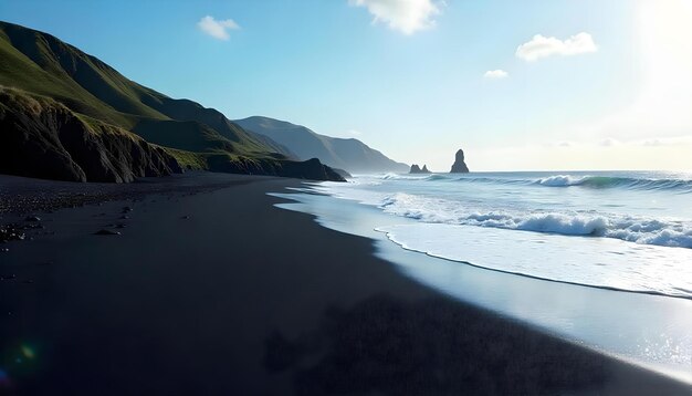 Photo a beach with a black sand beach and mountains in the background