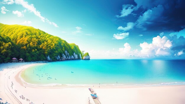 A beach with a blue sky and a beach and a green tree