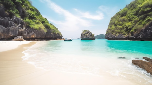 A beach with a blue sky and a boat in the water