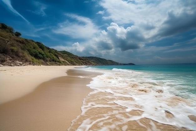 A beach with a blue sky and clouds