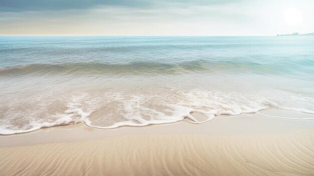 A beach with a blue sky and the ocean in the background