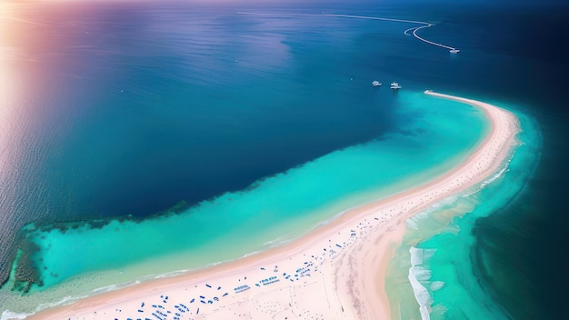 A beach with a blue sky and the ocean in the background