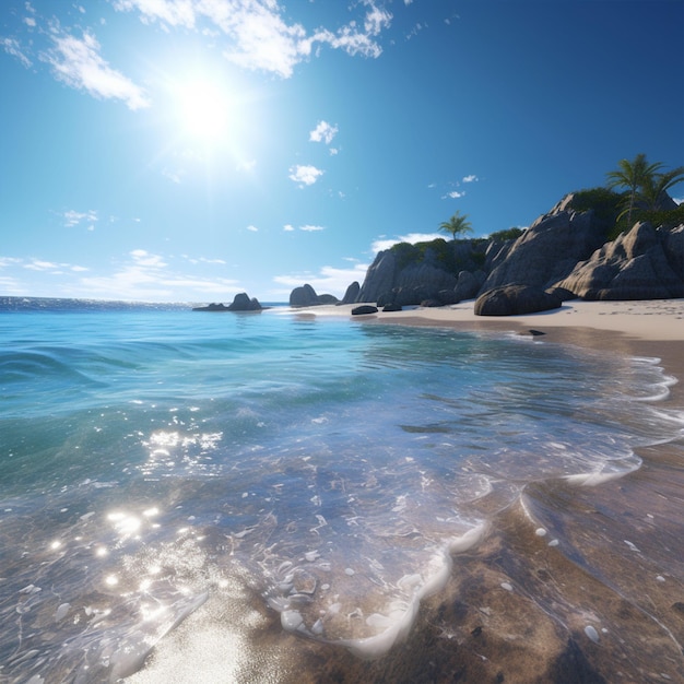 A beach with a blue sky and the sun shining on it