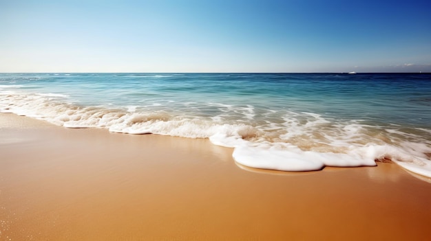 A beach with a blue sky and a wave