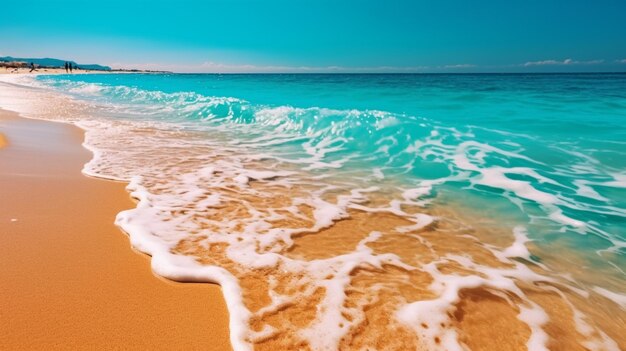 A beach with a blue sky and waves