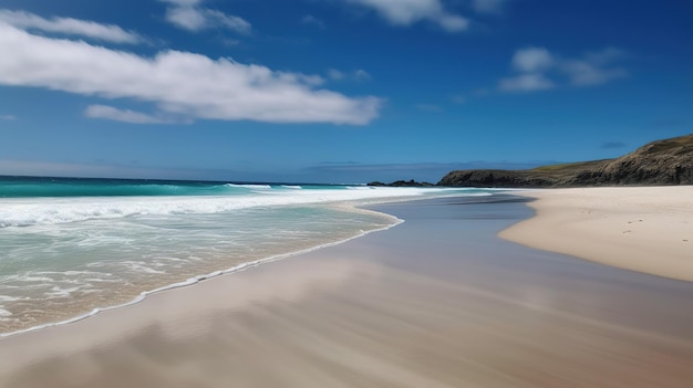 A beach with a blue sky and white clouds