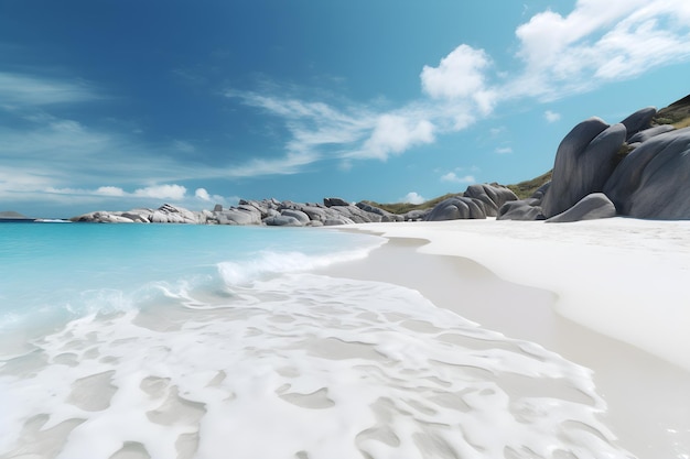 A beach with a blue sky and a white sand beach with a rocky outcropping in the foreground.