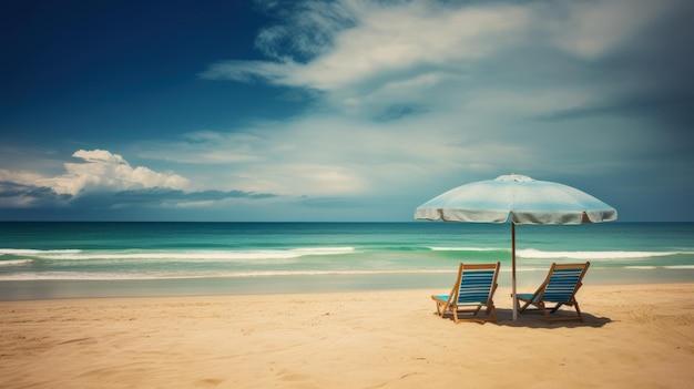 A beach with a blue umbrella and a blue umbrella on it