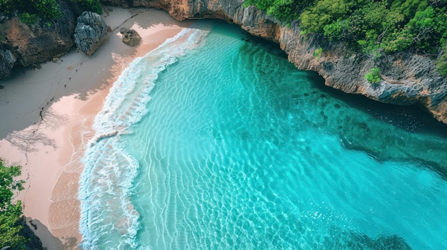 a beach with a blue water and a green beach