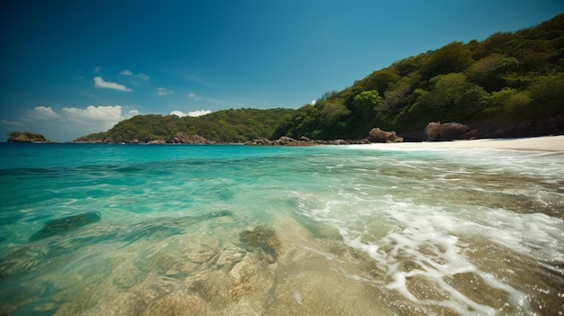 A beach with a blue water and a mountain in the background