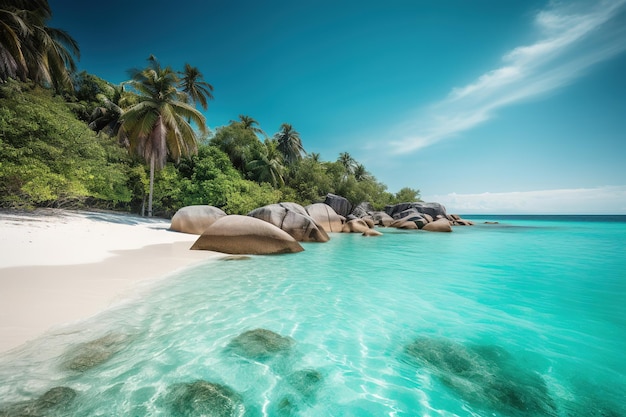 A beach with a blue water and palm trees in the background