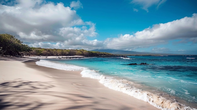 a beach with a blue water and a sky with clouds