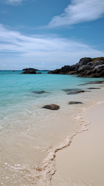 A beach with a blue water and a white sand beach.