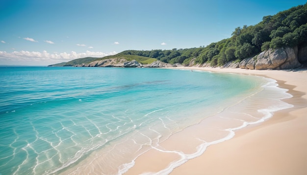 a beach with blue water and white sand