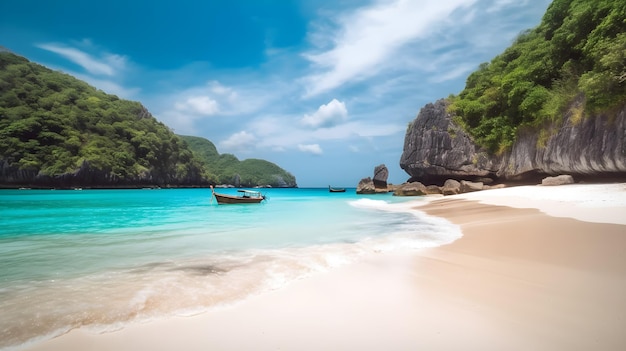 A beach with a boat on it and a mountain in the background