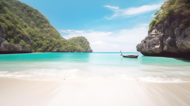 A beach with a boat on it and a mountain in the background