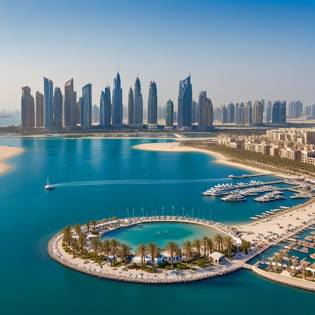 Photo a beach with a boat in the water and a city in the background