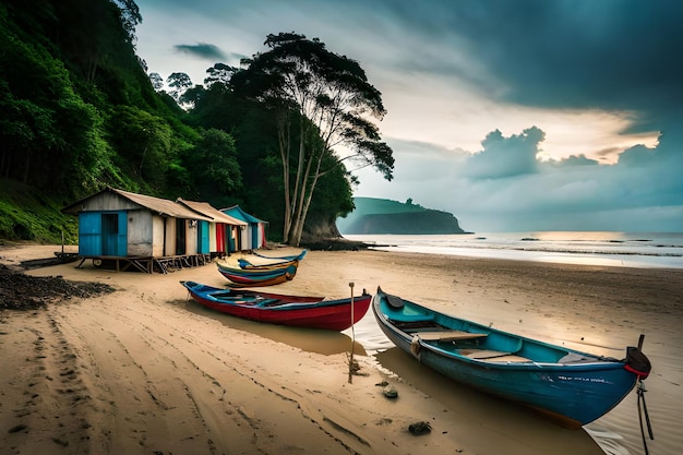 A beach with boats on it and a house in the background