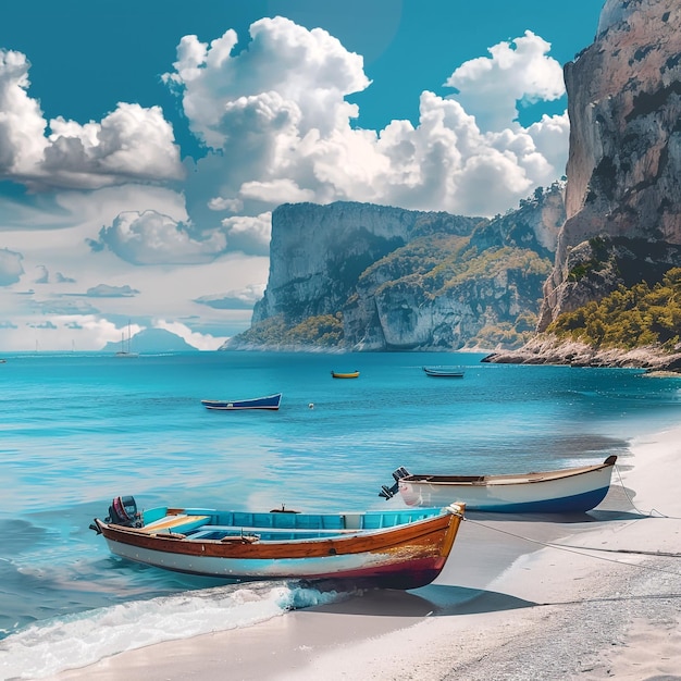 Beach with boats and mountain in the illustration background