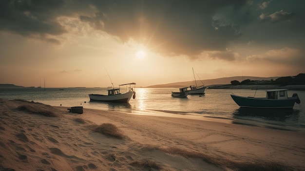 A beach with boats and the sun setting