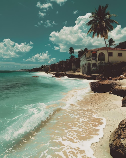 Photo a beach with a building on the right side and a palm tree on the right