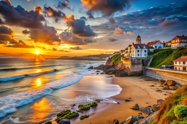 Photo a beach with a building on the right and a sunset in the background