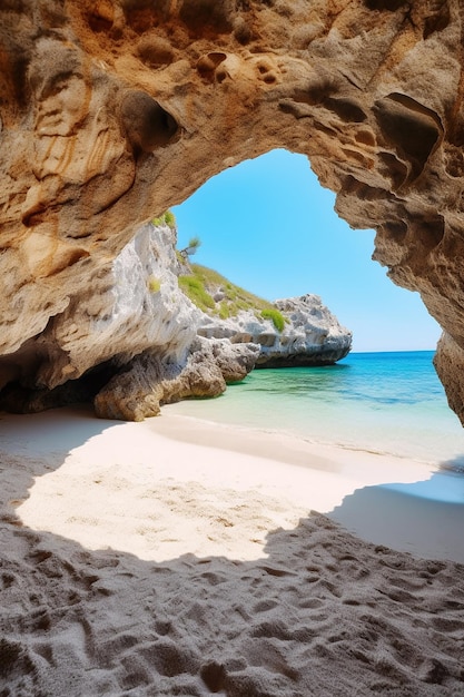 A beach with a cave in the middle