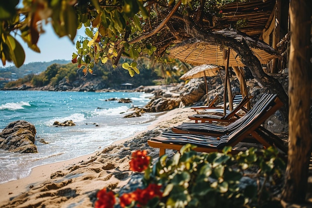 a beach with a chair that has a umbrella that says quot beach quot